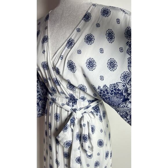 Lulus South of France Blue & Ivory Print Kimono V-Neck Maxi Dress Small Coastal - Picture 10 of 16